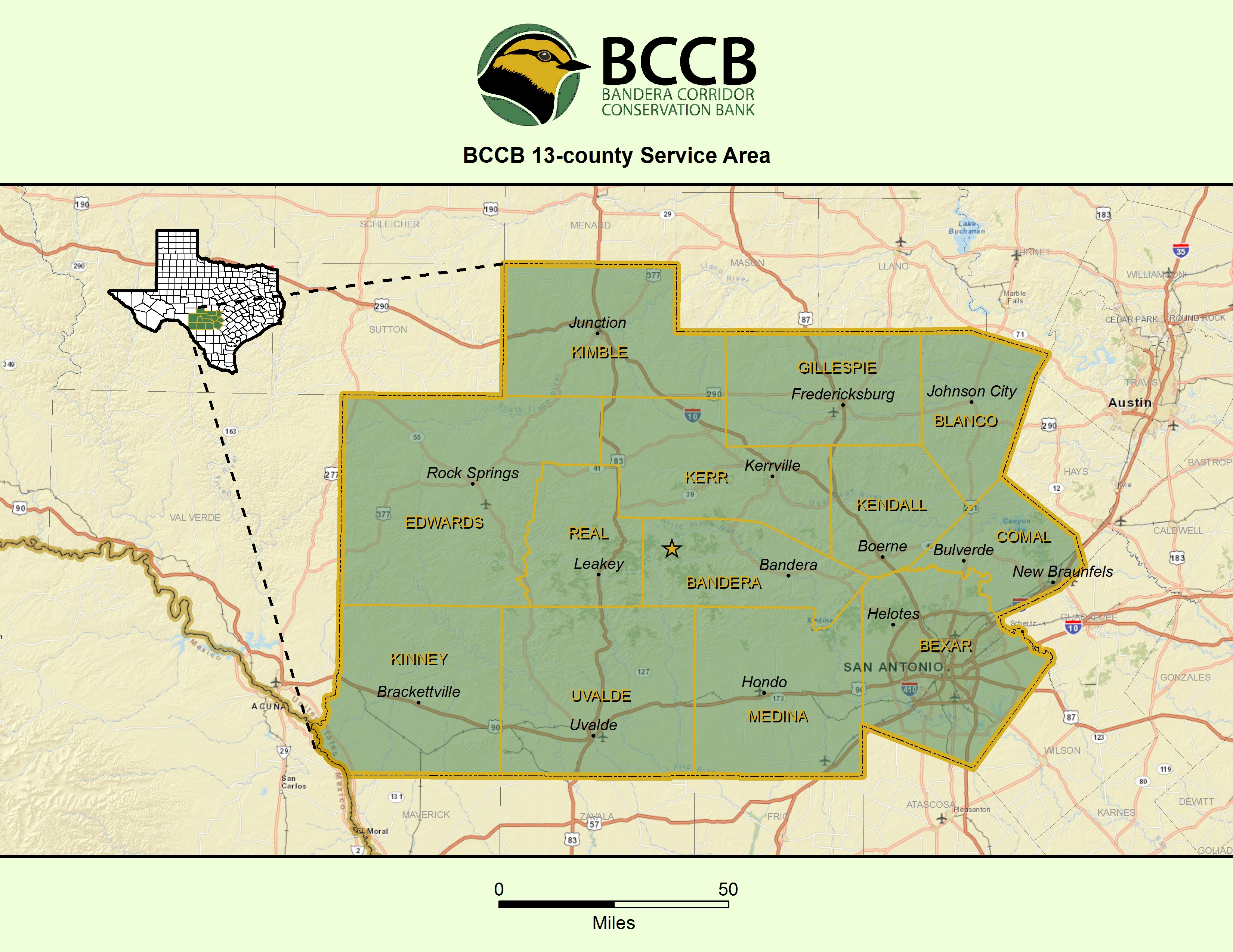 Image of Bandera Corridor Conservation Bank 13-county Service Area, including: Bandera, Bexar, Blanco, Comal, Edwards, Gillespie, Kendall, Kerr, Kimble, Kinney, Medina, Real and Uvalde counties.